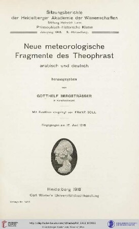 1918, 9. Abhandlung: Sitzungsberichte der Heidelberger Akademie der Wissenschaften, Philosophisch-Historische Klasse: Neue meteorologische Fragmente des Theophrast : arabisch und deutsch
