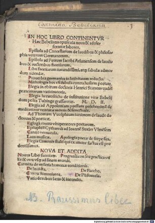 In hoc libro continentur Haec Bebeliana opuscula nova et adolescentiae labores