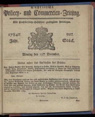 50tes Stueck, Montag den 13ten December. 1784