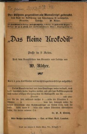 Das kleine Krokodil : Posse in 3 Acten