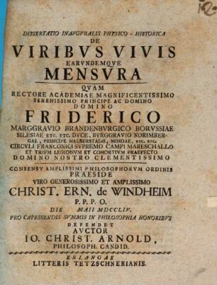 Dissertatio Inavgvralis Physico-Historica De Viribvs Vivis Earvndemqve Mensvra