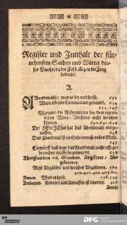 Register und Innhalt der fürnehmsten Sachen und Wörter dieses Buchs