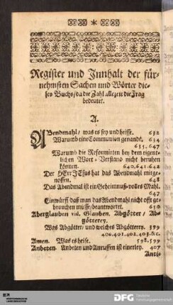 Register und Innhalt der fürnehmsten Sachen und Wörter dieses Buchs