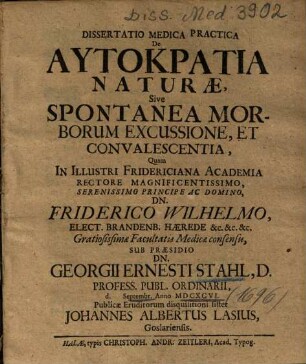 Dissertatio Medica Practica De Autokratia Naturae, Sive Spontanea Morborum Excussione, Et Convalescentia