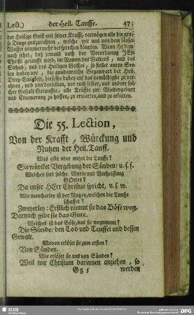 Die 55. Lection, Von der Krafft, Würckung und Nutzen der Heil. Tauff