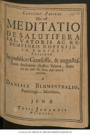 Christus Patiens Hoc est: Meditatio De Salutifera Salvatoris Ac Redemptoris Nostri Jesu Christi Passione