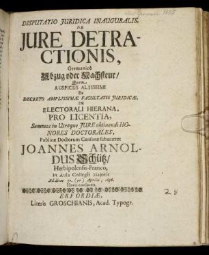 Disputatio Iuridica Inauguralis, De Iure Detractionis, Germanice Abzug oder Nachsteur