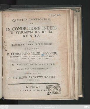 Qvaestio Controversa An In Condictione Indebiti Vsvrarvm Ratio Habenda