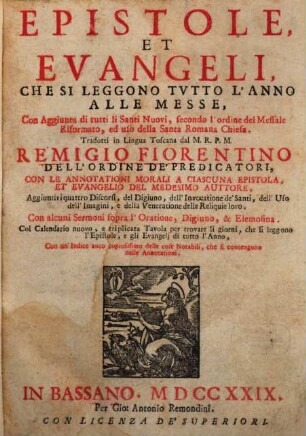 Epistole Evangelii, lettioni ... per tutto l'anno