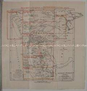 Übersichtsblatt über die 8 Teilkarten der Kriegskarte Deutsch-Südwestafrika mit eingetragenen Heliographenlinien- und stationen