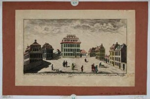 Der Dippoldiswalder Platz in Dresden nach Südosten mit dem Trompeterschlösschen zwischen Trompeterstraße (früher Große Oberseergasse) und Reitbahnstraße, aus einer Reihe Dresdner Stadtansichten von Schlitterlau um 1770