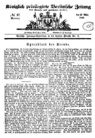 Königlich privilegirte Berlinische Zeitung von Staats= und gelehrten Sachen. N[umer]o 67. Extrablatt der Freude.