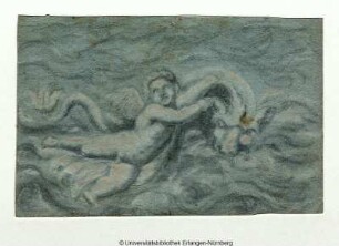 Ein Putto, der von einem Tritonen nach rechts übers Wasser getragen wird