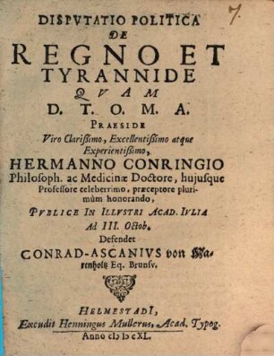 Disputatio Politica De Regno Et Tyrannide