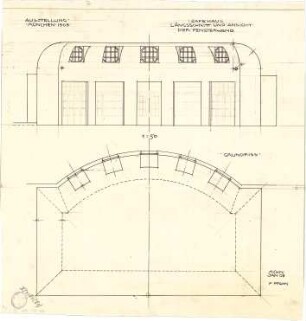 Pfann, Paul; München - Theresienhöhe; Ausstellung München 1908 - Cafehaus mit Fensterwand (Grundriss,Längsschnitt m. Ansicht)