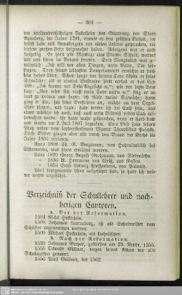 Verzeichniß der Schullehrer und nachherigen Cantoren