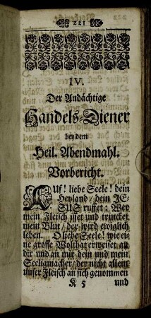 IV. Der Andächtige Handels-Diener bey dem Heil. Abendmahl. Vorbericht