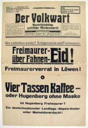 Völkisch-antisemitische Wochenzeitung "Der Volkwart" u.a. zum Freimaurer-Eid
