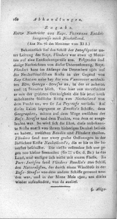 Zugabe : kurze Nachricht von Kapt. Flinders Entdeckungsreise nach Neuholland