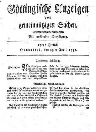 17tes Stück. Sonnabend, den 27ten April 1776.