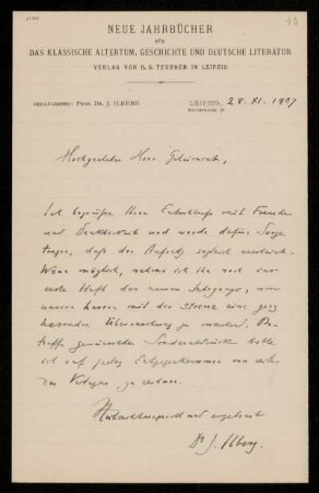 Nr. 10 Brief von Johannes Ilberg an Ulrich von Wilamowitz-Moellendorff. Leipzig, 28.11.1907