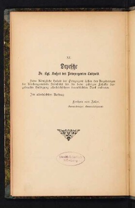 XI. Depesche Sr. Kgl. Hoheit des Prinzregenten Luitpold.