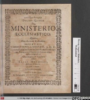 Diaskepsin Theologikēn Decima Quinta De Ministerio Ecclesiastico