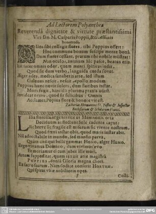 Ad Lectorem Polyanthea Reverendâ dignitate & virtute praestantissimi Viri Dn. M. Caspari Poppii, & c. Affinis honorandi