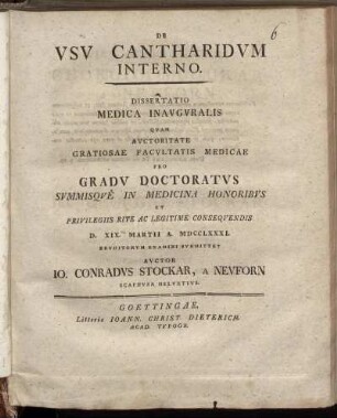 De Usu Cantharidum Interno : Dissertatio Medica Inauguralis