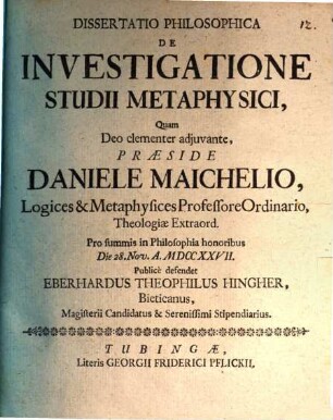Diss. philos. de investigatione studii metaphysici