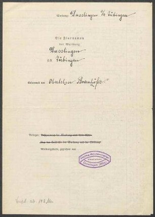 2 Fragebogen und Karte Dußlingen, OA Tübingen