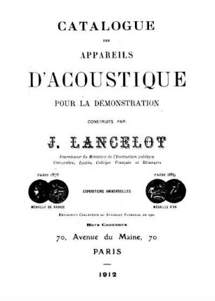 Catalogue des Appareils d'Acoustique pour la Démonstration, Construits par J. Lancelot