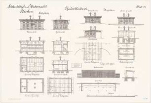 Schlachthof und Viehmarkt, Breslau Pferdeschlächterei: Stallgebäude: Grundriss Längsschnitte Querschnitte Vorderansicht und Hinteransicht Giebelansichten 1:100. Düngerhaus: Grundriss Fundamente, Sparrenlage, Querschnitt Vorder- und Hinteransicht Giebelansicht 1:100. Wagenschuppen: Grundriss Querschnitt Vorderansicht 1:100