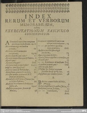 Index Rerum Et Verborum Memorabilium, in hoc Exercitationum Fasciculo Contentorum