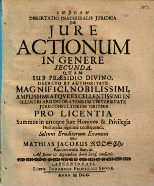 Dissertatio Inauguralis Juridica De Jure Actionum In Genere, Secvnda