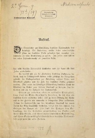 Aufruf. Die Vorarbeiten zur Einrichtung deutscher Nationalfeste sind beendigt ...