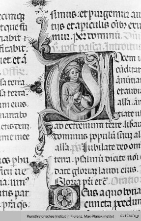 Missale Romanum : Textseite mit historisierter Initiale U: Prophet und ornamentierter Initiale D