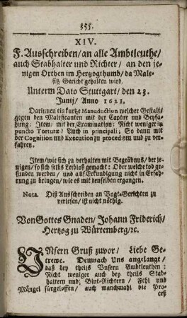 XIV. ; Beschluß. F. Ausschreiben/ an alle Ambtleuthe/ auch Stabhalter und Richter / an den jenigen Orthen im Herzogthumb/ da Malefiß Gericht gehalten wird.