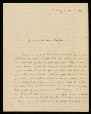 Brief von Jean Charles Édouard Destrais an Gustav Hugo, Straßburg, 23.9.1839