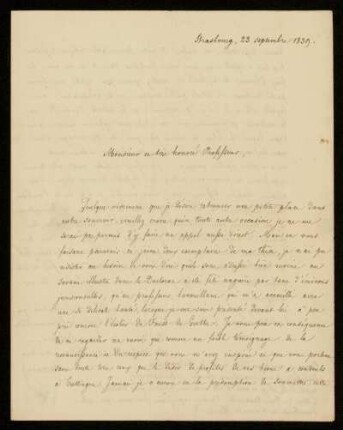 Brief von Jean Charles Édouard Destrais an Gustav Hugo, Straßburg, 23.9.1839
