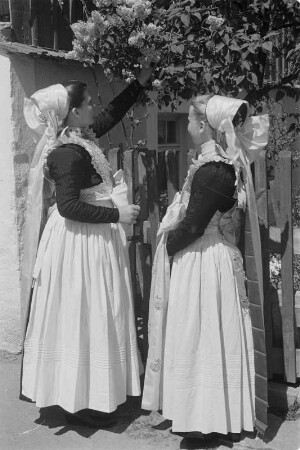 Mädchen als Brautjungfern in sorbischer katholischer Tracht und Serviererin in Ausgangstracht, jedoch in weißer Schürze. : Družce na kwasu w čornym pjezlu.