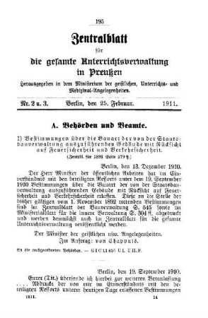 Bestimmungen über die Bauart der von der Staatsverwaltung auszuführenden Gebäude mit Rücksicht auf Feuersicherheit und Verkehrssicherheit : [A. Behörden und Beamte]