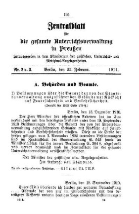Bestimmungen über die Bauart der von der Staatsverwaltung auszuführenden Gebäude mit Rücksicht auf Feuersicherheit und Verkehrssicherheit : [A. Behörden und Beamte]
