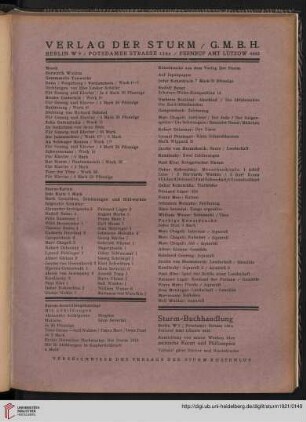 Verlag Der Sturm / Musik / Sturm-Karten / Sturm-Ausstellungskataloge / Kunstdrucke / Sturm-Buchhandlung