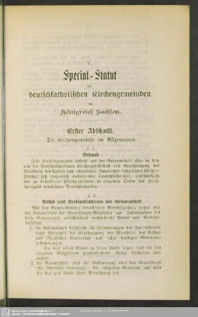 V. Special-Statut der deutschkatholischen Kirchengemeinden im Königreich Sachsen