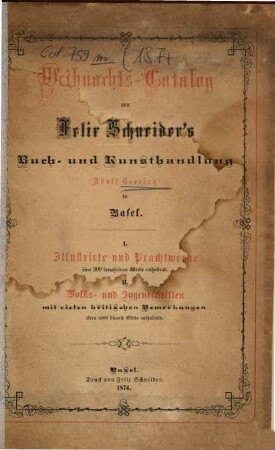 Weihnachts-Catalog von Felix Schneider's Buch- und Kunsthandlung (Adolf Geering) in Basel, 1874