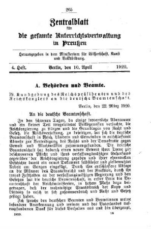 Kundgebung des Reichspräsidenten und des Reichskanzlers an die deutsche Beamtenschaft : [A. Behörden und Beamte]