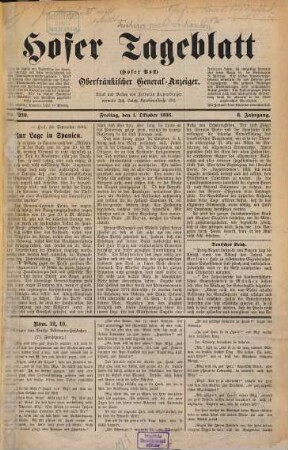 Hofer Tageblatt : oberfränkischer Generalanzeiger ; unparteiische und unabhängige Zeitung. 1886,10/12 = Jg. 8