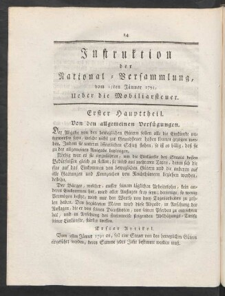 Instruktion der National-Versammlung, vom 13ten Jänner 1791, Ueber die Mobiliarsteuer