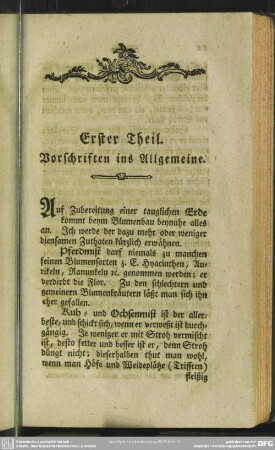 Erster Theil. Vorschriften ins Allgemeine